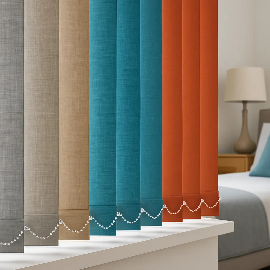 Row of fabric curtain panels in gray to orange, hanging in a bedroom setup with a beaded garland along the edge of a table and a lamp in the background.