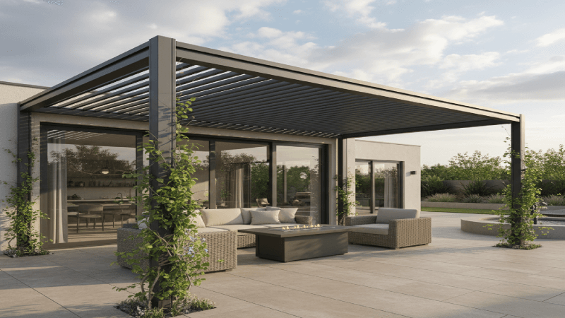Modern outdoor patio under a dark metal pergola with wicker sofas and a fire table, beside glass sliding doors. Behind is a contemporary home.