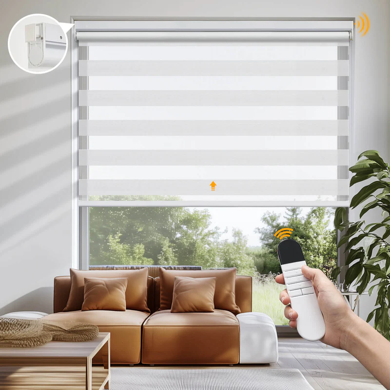 Living room with a white motorized roller blind; a remote in hand shows wireless control signals to operate the blinds.