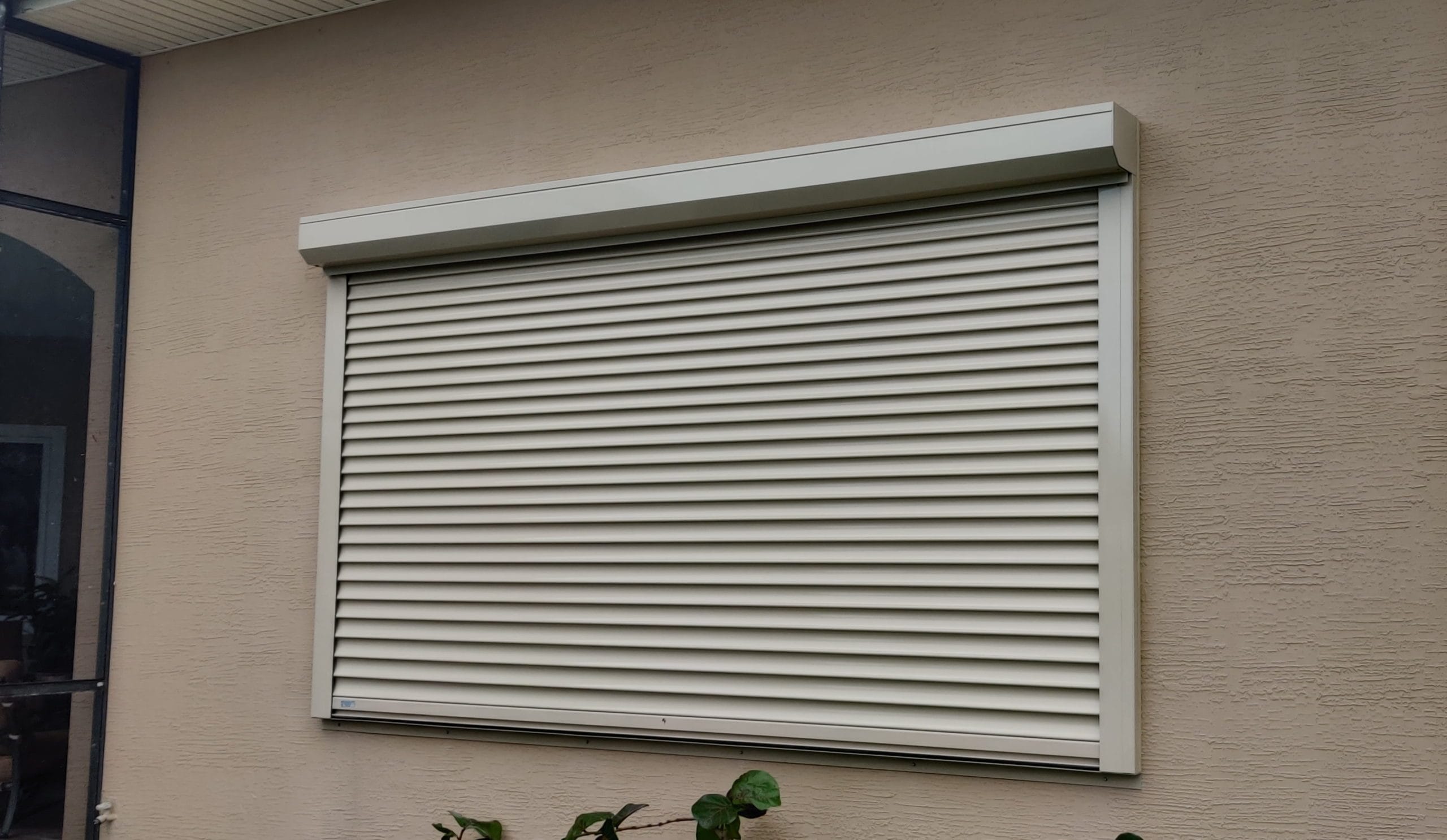 Beige exterior wall with a white rolled-down metal shutter covering a window, with a plant at the bottom foreground.