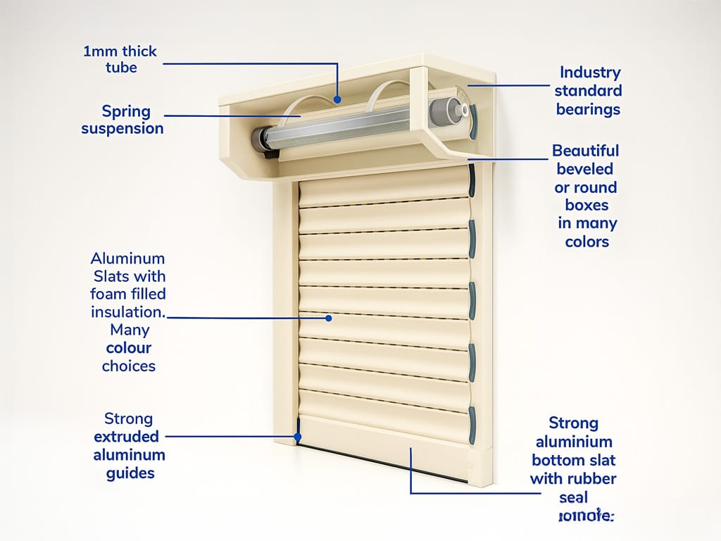 Cross-section of a beige venetian blind showing aluminum slats, foam insulation, 1mm thick tube, and spring suspension with bottom rail.