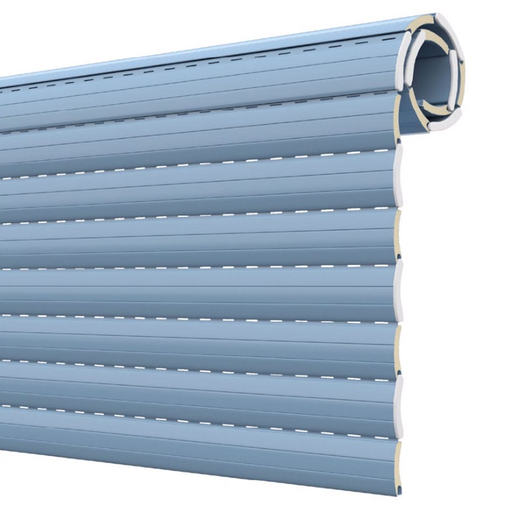 Rolled-up blue horizontal blinds with a curved end cap at the top-right.